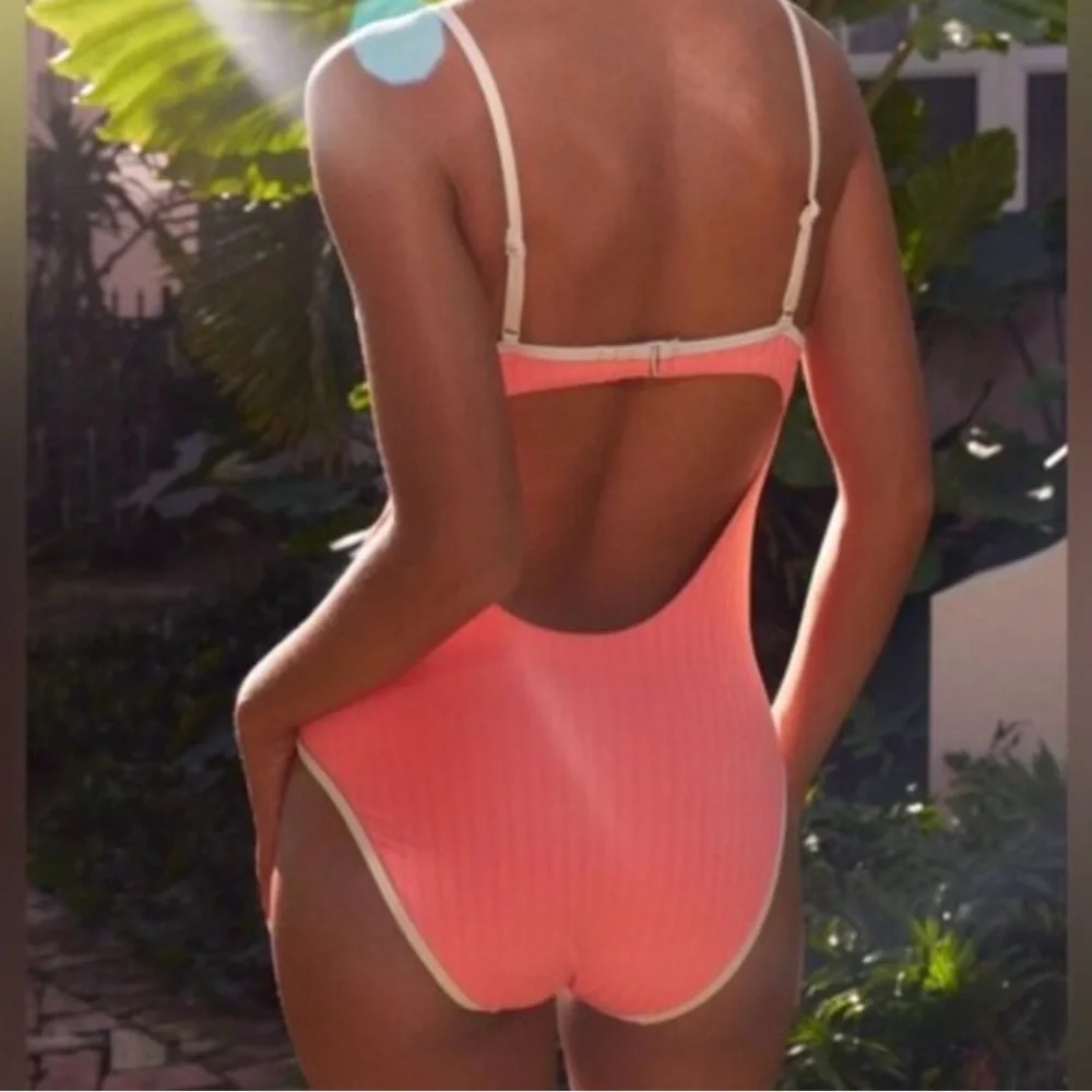 Aerie Wide Rib Underwire One Piece Swimsuit in Coral Crush  NEW - Picture 2 of 4
